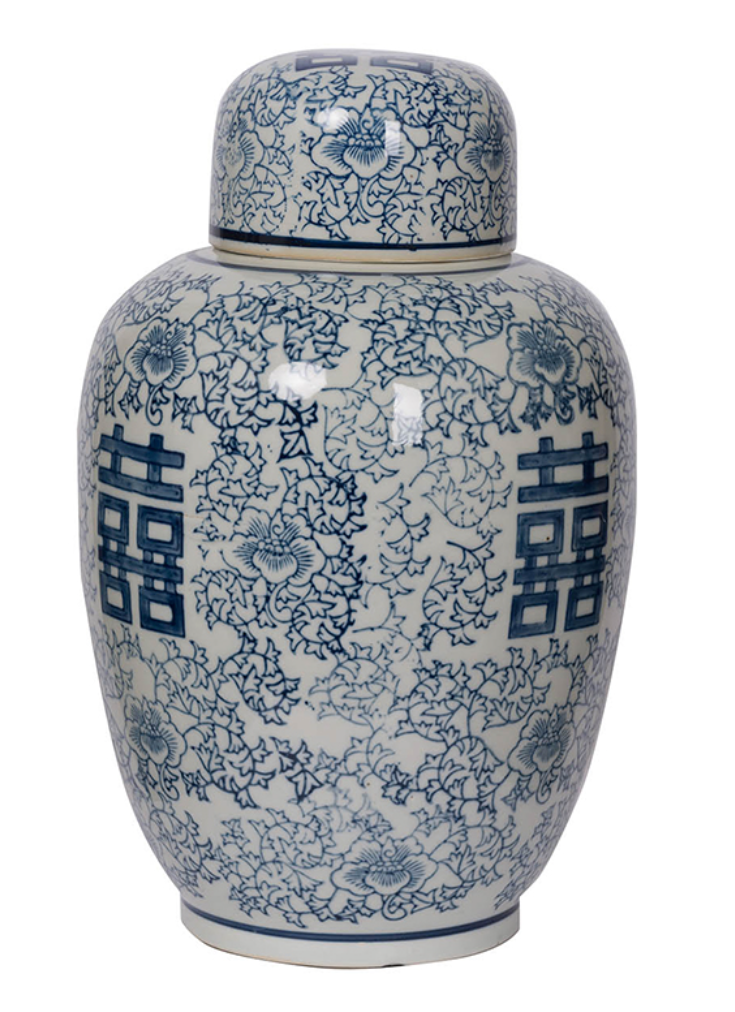 Ginger Jar Blue & White Happiness Tall