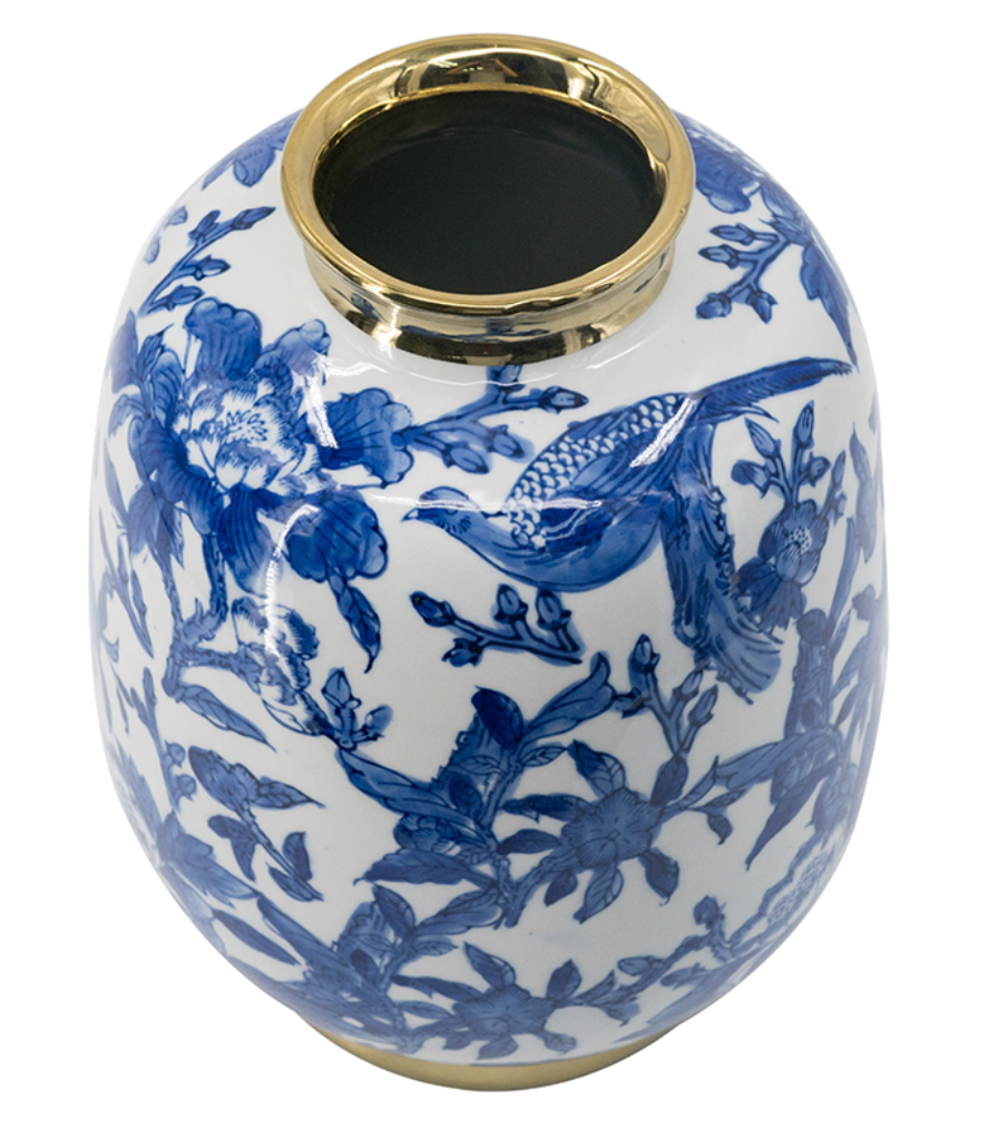 Vase Blue & White with Gold Round