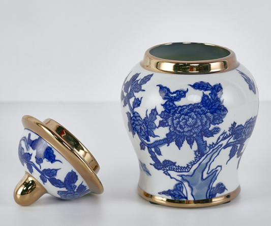 Blue & White 6" Ginger Jar with Gold Trim