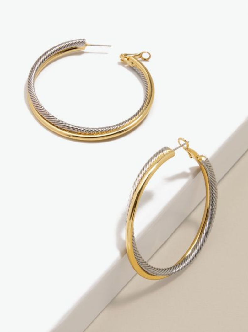 Earrings Hoop Twisted Cable Large Gold & Silver