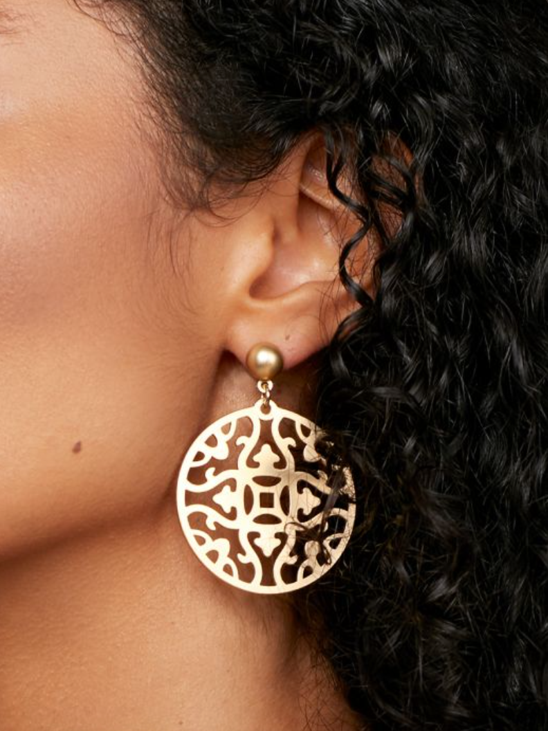Earrings Drop Charm Emblem Matte Gold