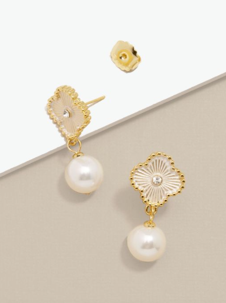 Earrings Drop Quatrefoil Gold & Pearl