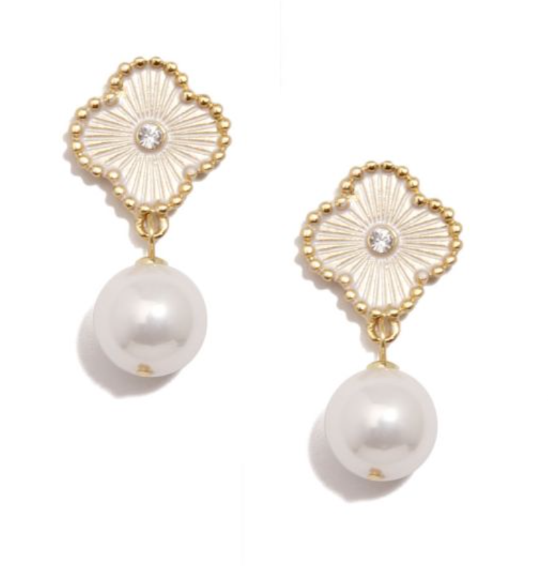 Earrings Drop Quatrefoil Gold & Pearl