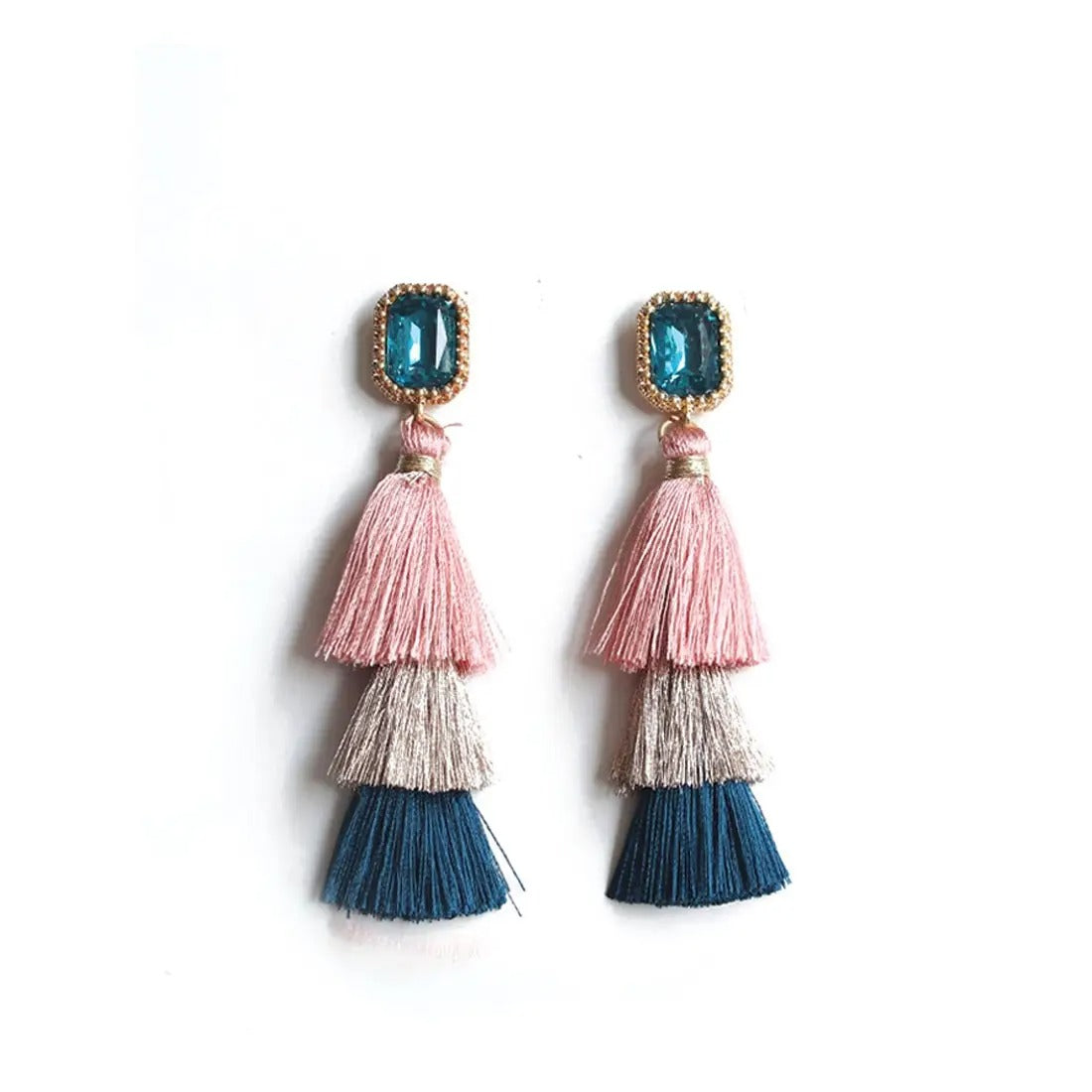 Earrings Drop Tassels with Pink, White, & Blue