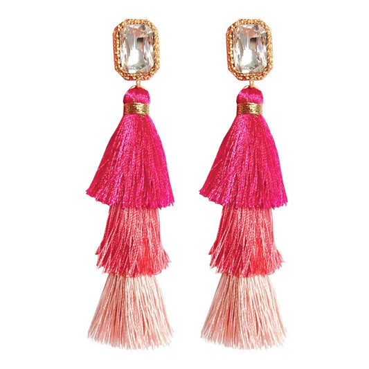 Earrings Drop Tassels with Crystal Hot Pink