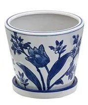 Planter Blue & White Large Flowers with Leaves