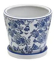 Planter Blue & White Flowers with Leaves